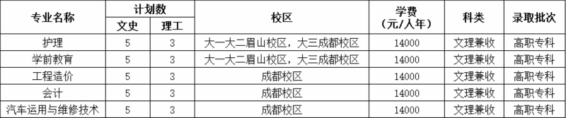 四川城市职业学院2019年招生计划表